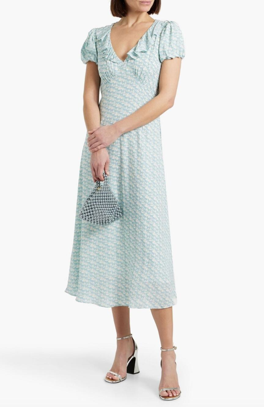 Solid & Striped The Calais Ruffled Horse Printed Crepe Midi Dress Viscose XS NWT